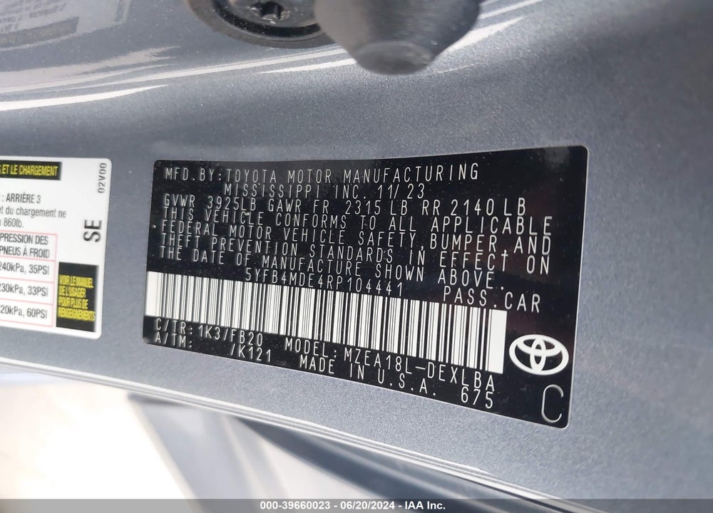 2024 TOYOTA COROLLA LE VIN: 5YFB4MDE4RP104441