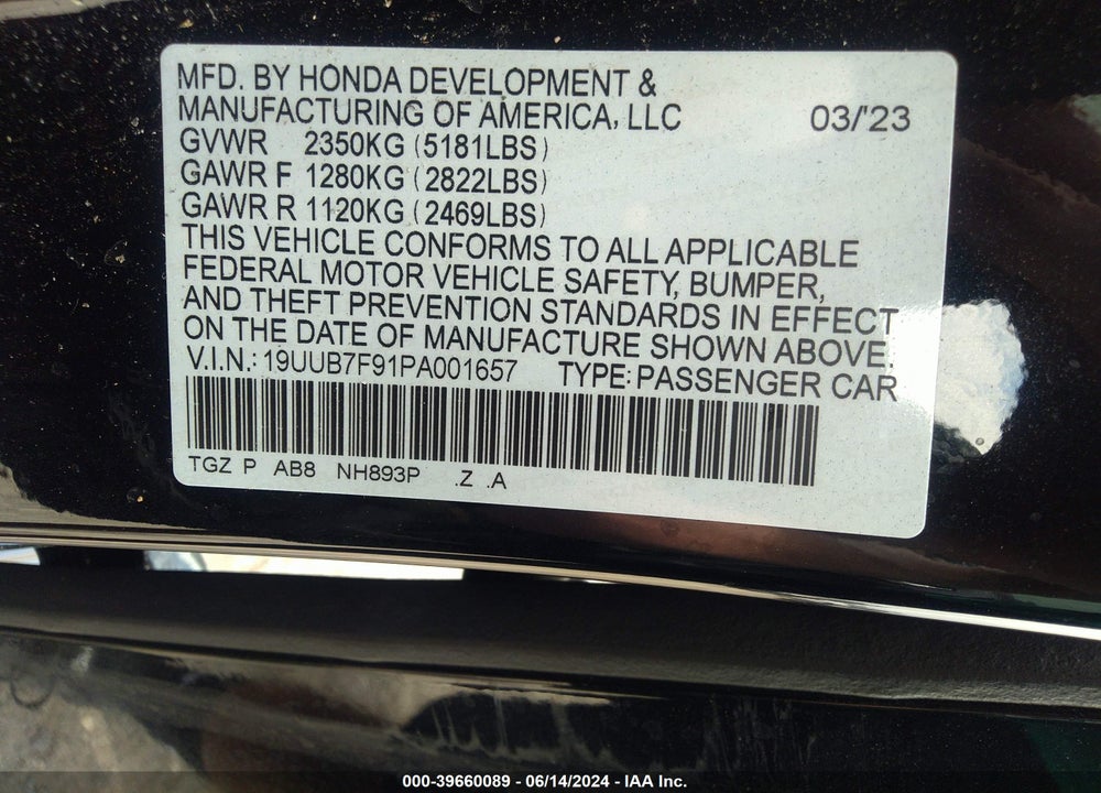 2023 ACURA TLX TYPE S - HP WHEEL AND TIRE VIN: 19UUB7F91PA001657