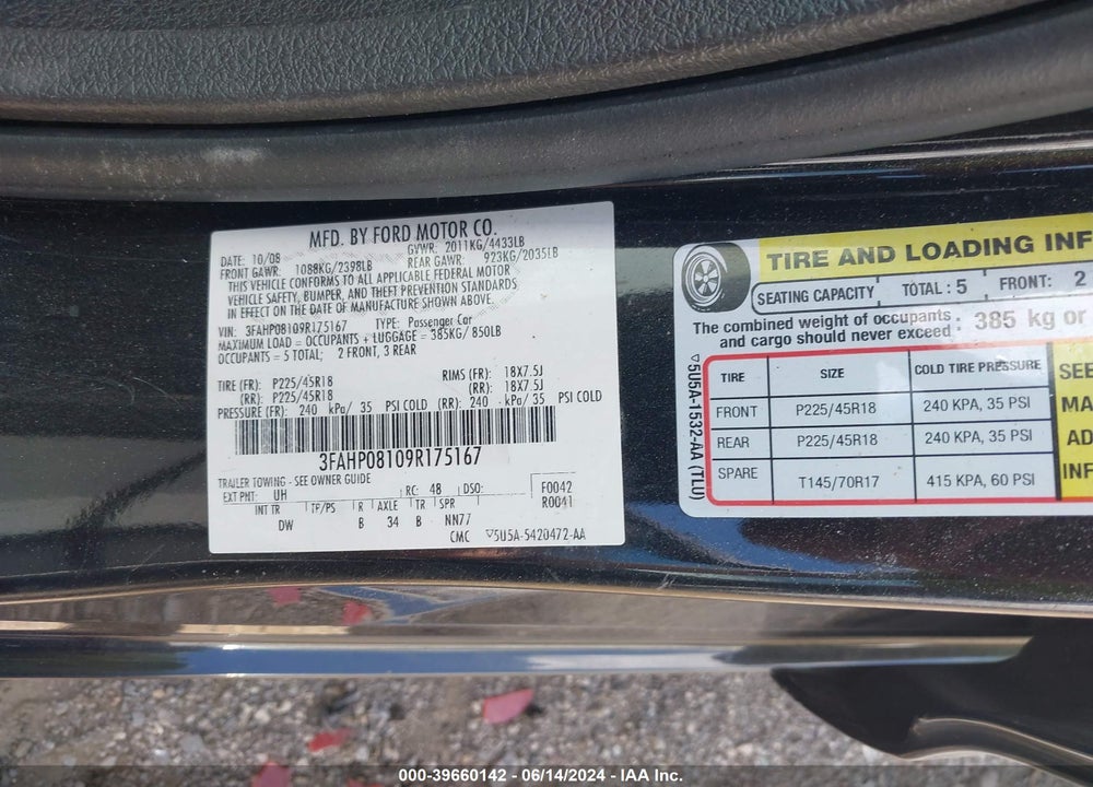 2009 FORD FUSION SEL VIN: 3FAHP08109R175167