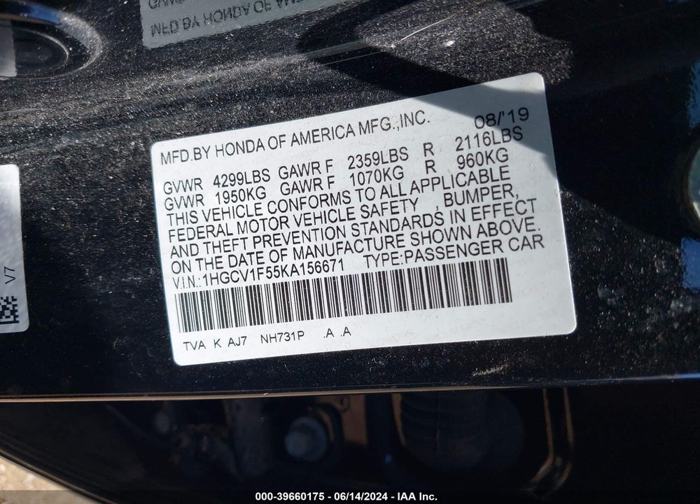 2019 HONDA ACCORD EX-L VIN: 1HGCV1F55KA156671