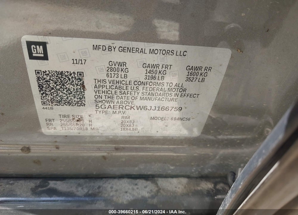 2018 BUICK ENCLAVE PREMIUM VIN: 5GAERCKW6JJ166759
