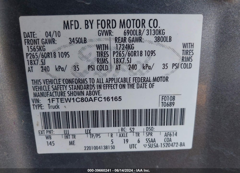 2010 FORD F-150 FX2 SPORT/XL/XLT VIN: 1FTEW1C80AFC16165