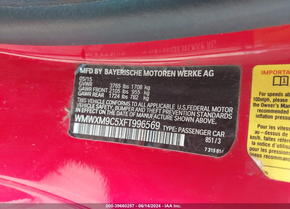 2015 MINI HARDTOP JOHN COOPER WORKS VIN: WMWXM9C5XFT996569