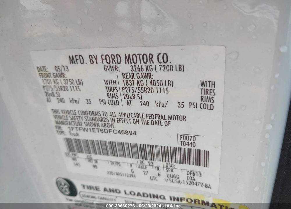 2013 FORD F-150 PLATINUM VIN: 1FTFW1ET6DFC46894