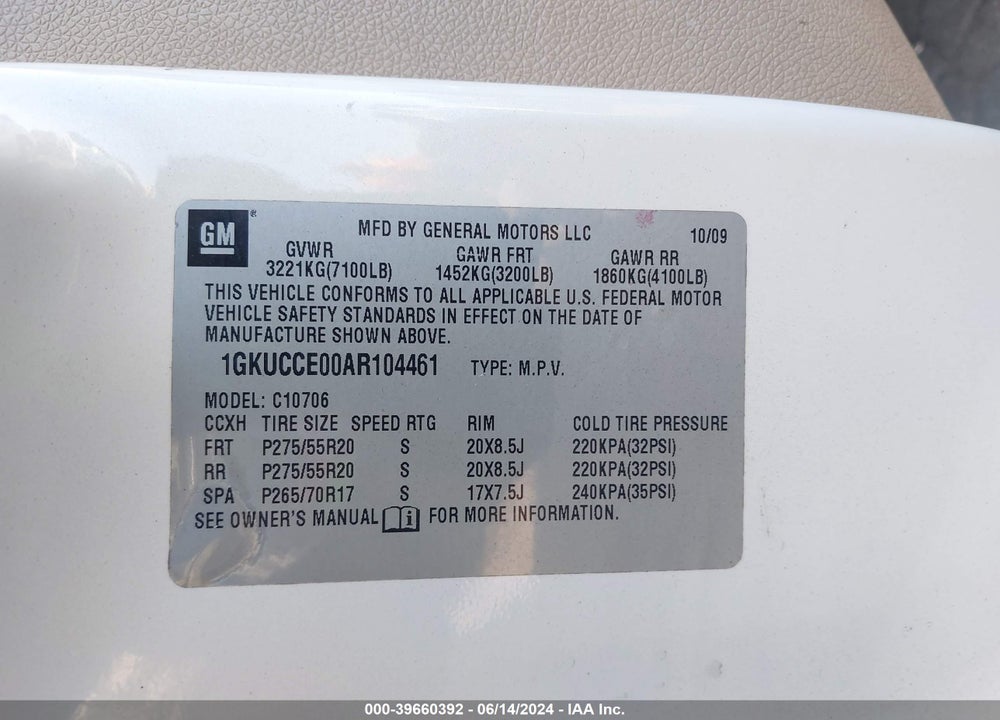 2010 GMC YUKON SLT VIN: 1GKUCCE00AR104461