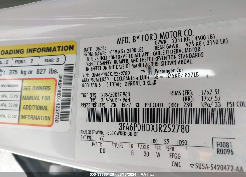 2018 FORD FUSION SE VIN: 3FA6P0HDXJR252780