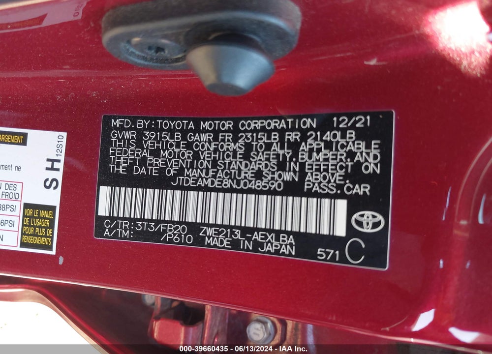 2022 TOYOTA COROLLA HYBRID LE VIN: JTDEAMDE8NJ048590