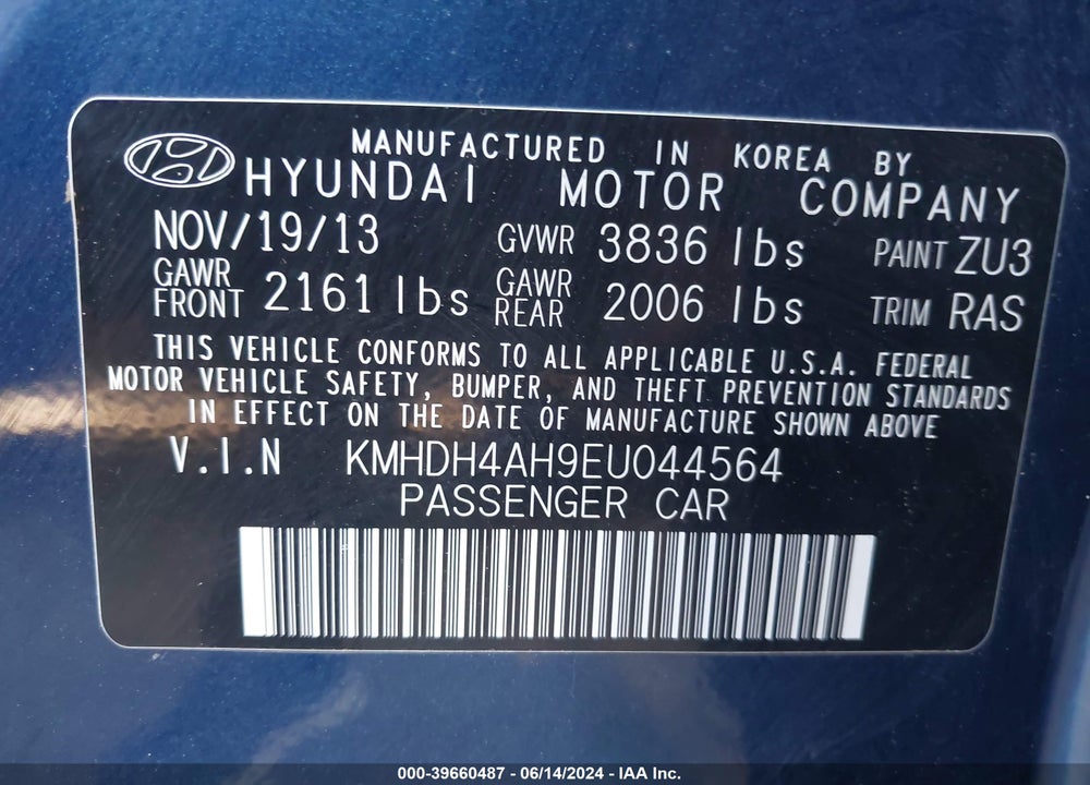 2014 HYUNDAI ELANTRA SPORT VIN: KMHDH4AH9EU044564