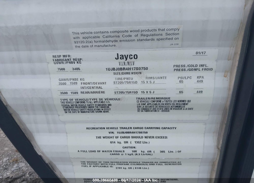 2017 JAYCO TRAVEL TRAILER VIN: 1UJBJ0BR4H17S0750