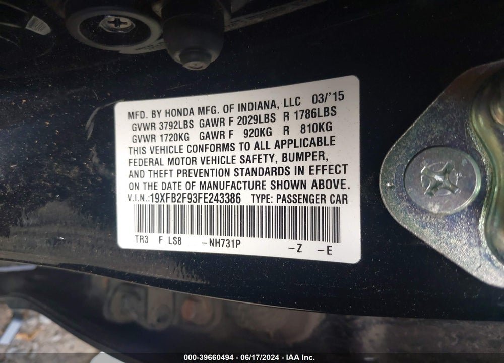 2015 HONDA CIVIC EX-L VIN: 19XFB2F93FE243386