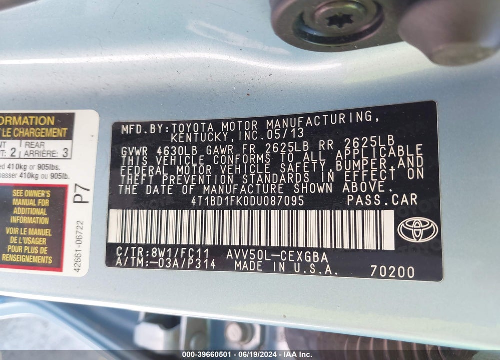 2013 TOYOTA CAMRY HYBRID XLE VIN: 4T1BD1FK0DU087095