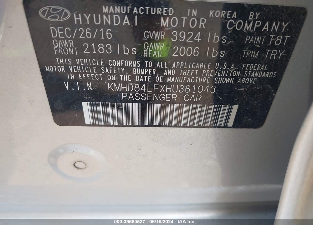 2017 HYUNDAI ELANTRA VALUE EDITION VIN: KMHD84LFXHU361043