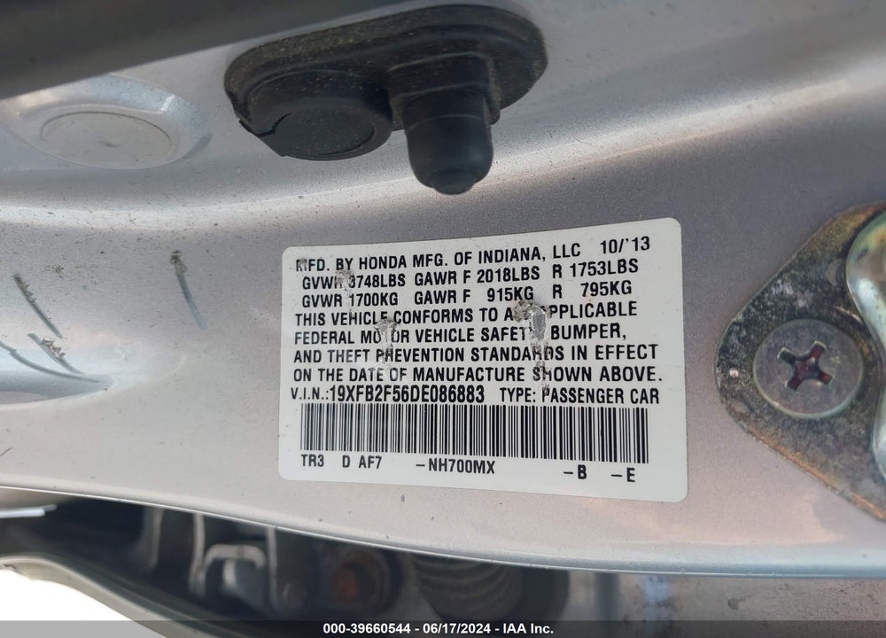 2013 HONDA CIVIC LX VIN: 19XFB2F56DE086883
