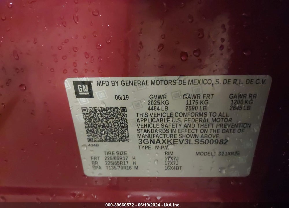 2020 CHEVROLET EQUINOX FWD LT 1.5L TURBO VIN: 3GNAXKEV3LS500982