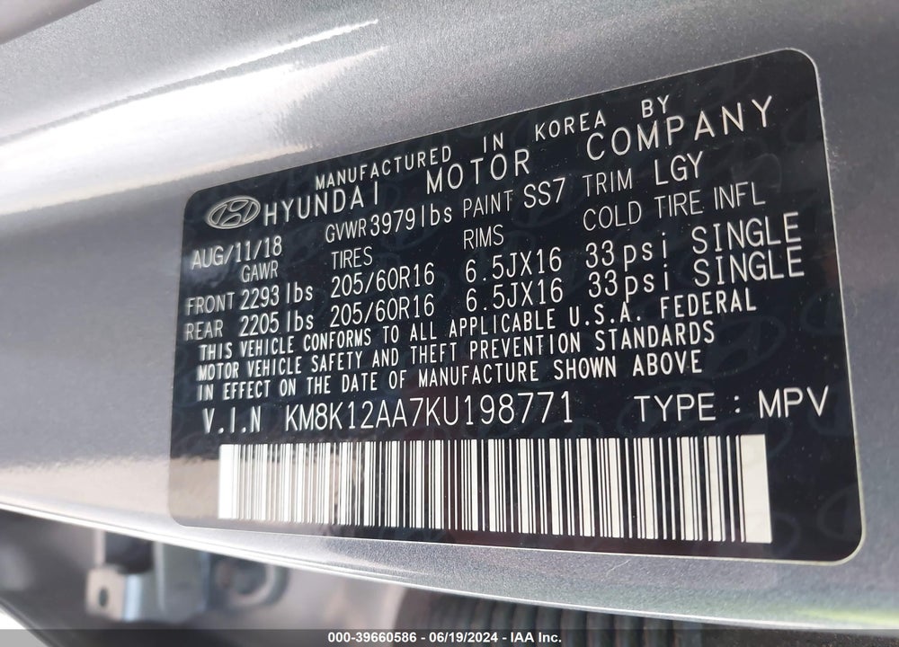 2019 HYUNDAI KONA SE VIN: KM8K12AA7KU198771