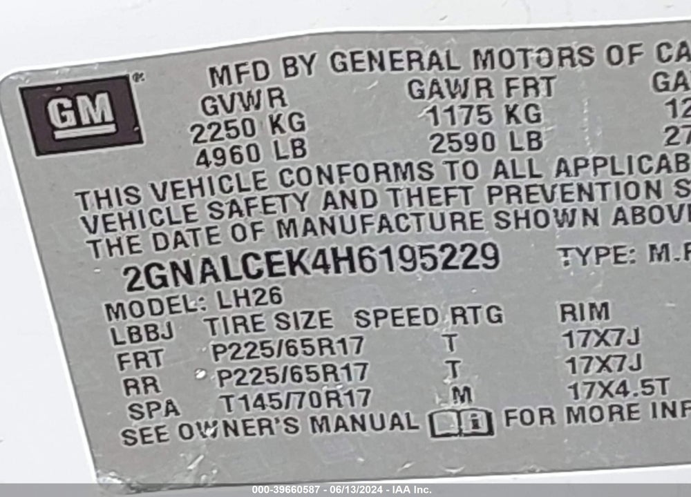 2017 CHEVROLET EQUINOX LT VIN: 2GNALCEK4H6195229