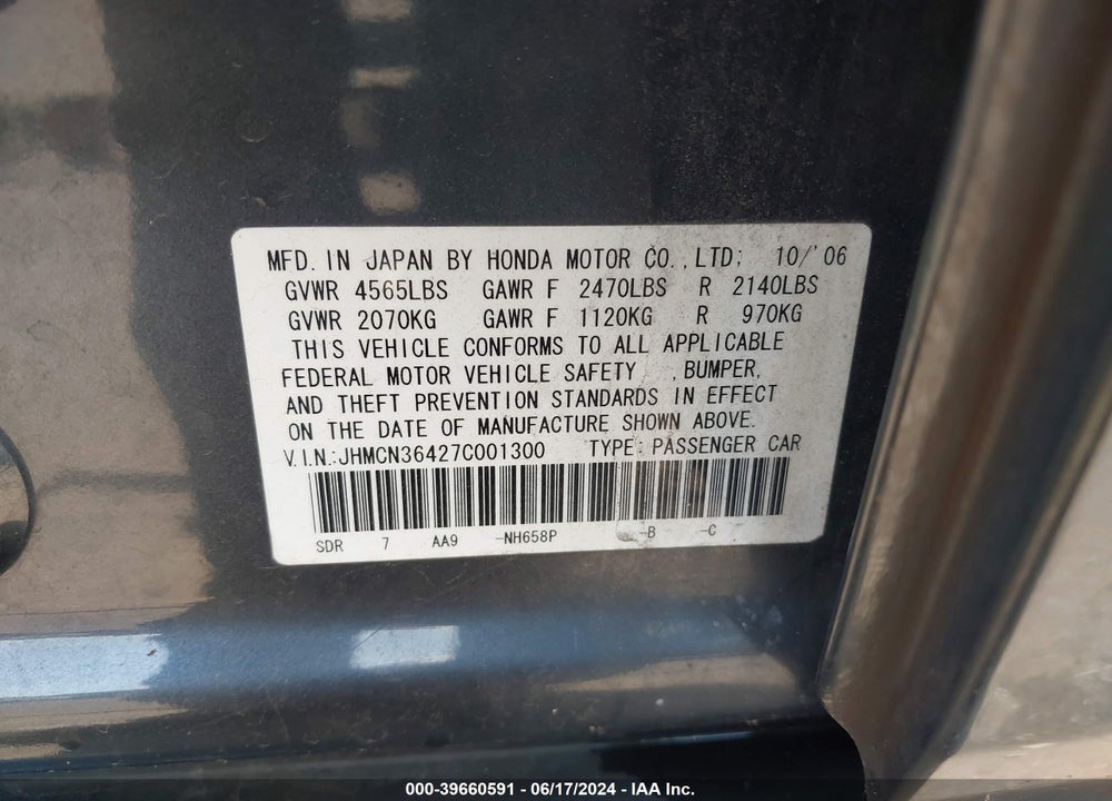 2007 HONDA ACCORD HYBRID VIN: JHMCN36427C001300