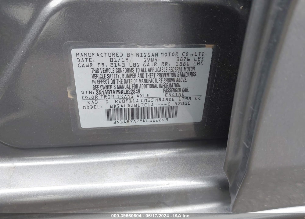2019 NISSAN SENTRA SV VIN: 3N1AB7AP9KL622849