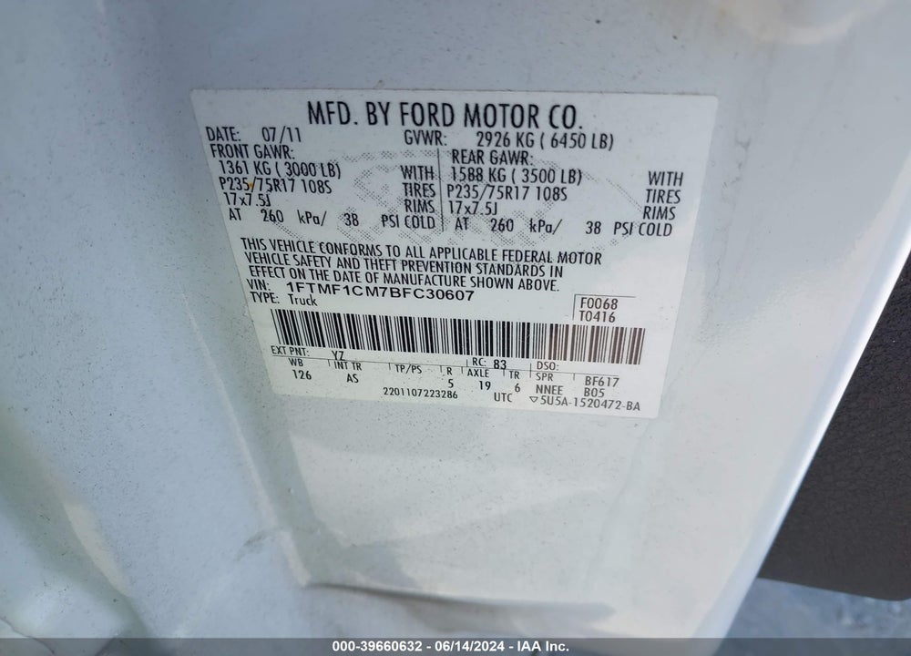 2011 FORD F-150 XL VIN: 1FTMF1CM7BFC30607