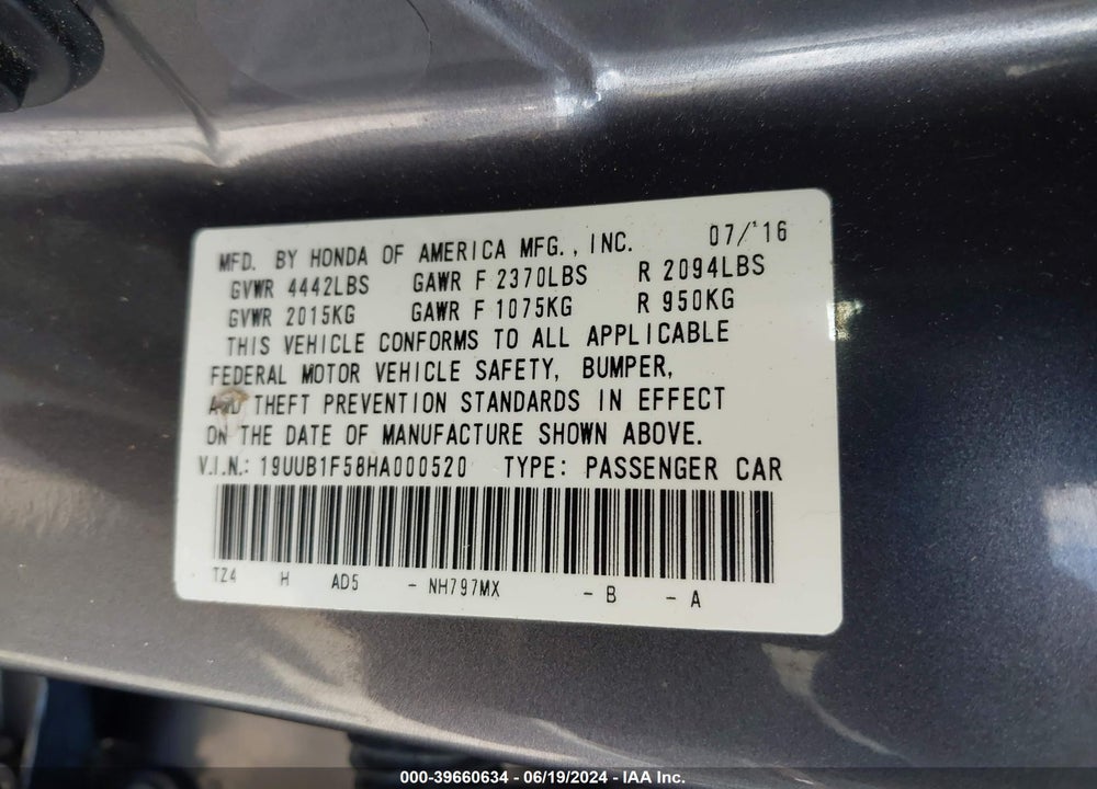 2017 ACURA TLX TECHNOLOGY PACKAGE VIN: 19UUB1F58HA000520