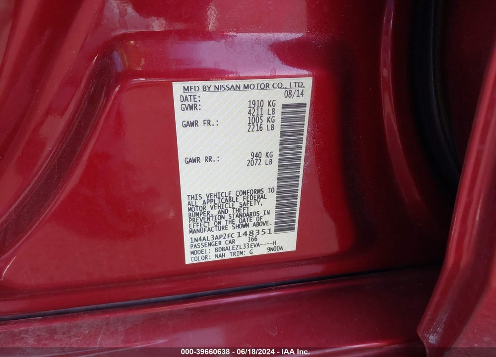 2015 NISSAN ALTIMA 2.5 S VIN: 1N4AL3AP2FC148351