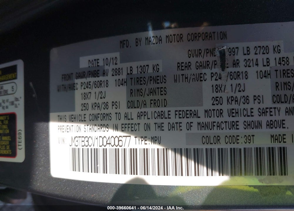 2013 MAZDA CX-9 TOURING VIN: JM3TB3CV1D0400677