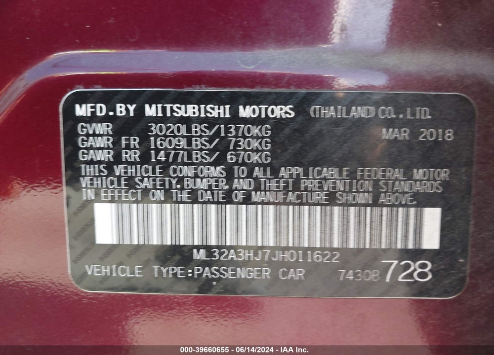 2018 MITSUBISHI MIRAGE ES VIN: ML32A3HJ7JH011622