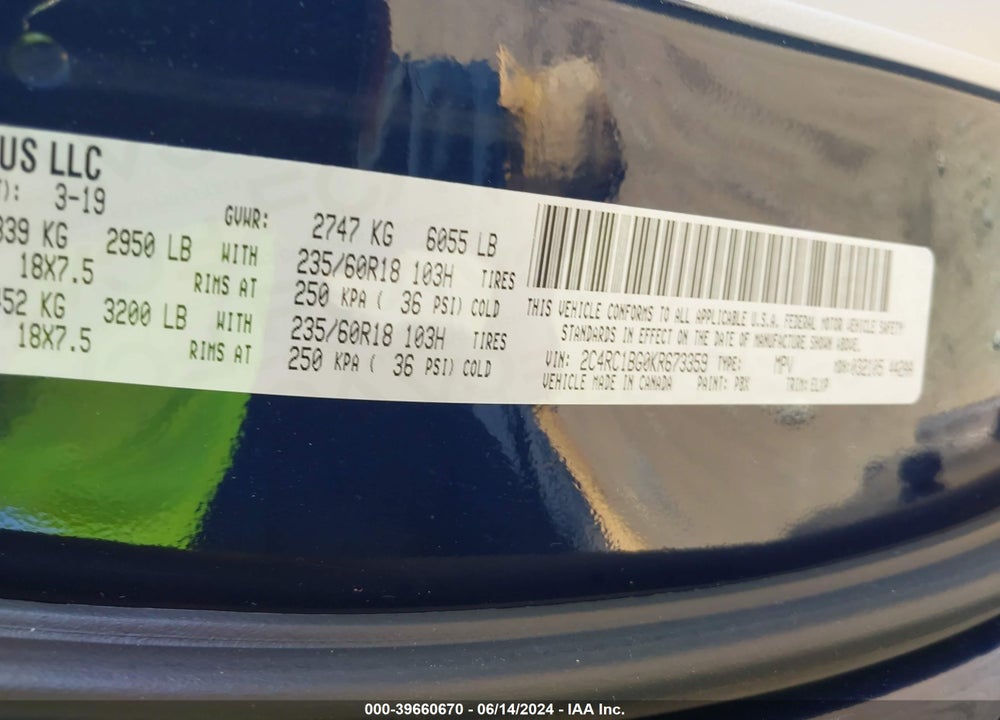 2019 CHRYSLER PACIFICA TOURING L VIN: 2C4RC1BG0KR673359
