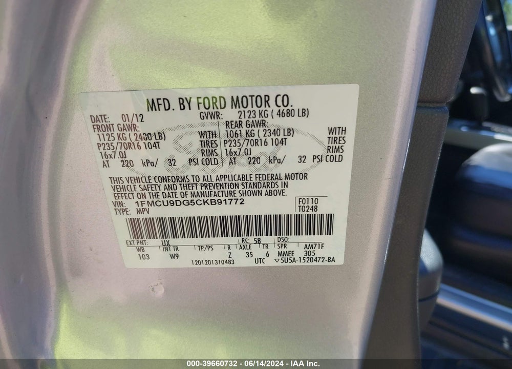 2012 FORD ESCAPE XLT VIN: 1FMCU9DG5CKB91772
