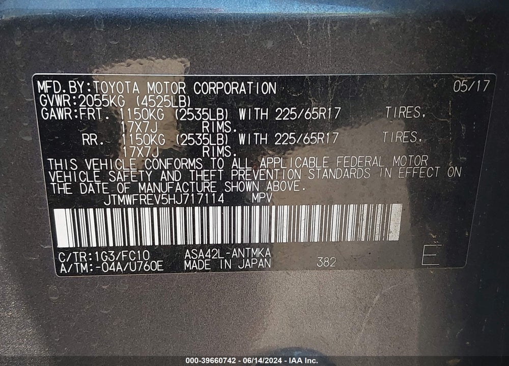 2017 TOYOTA RAV4 XLE VIN: JTMWFREV5HJ717114