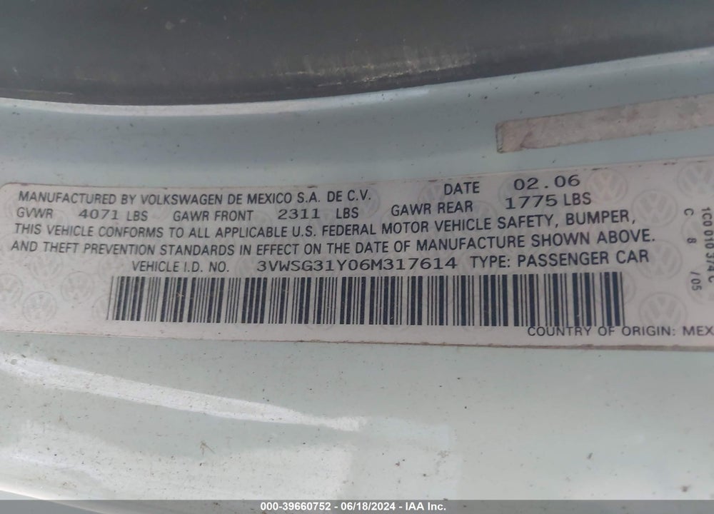 2006 VOLKSWAGEN NEW BEETLE 2.5 VIN: 3VWSG31Y06M317614