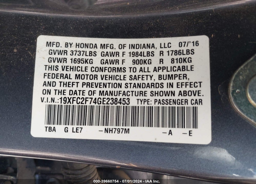 2016 HONDA CIVIC EX VIN: 19XFC2F74GE238453