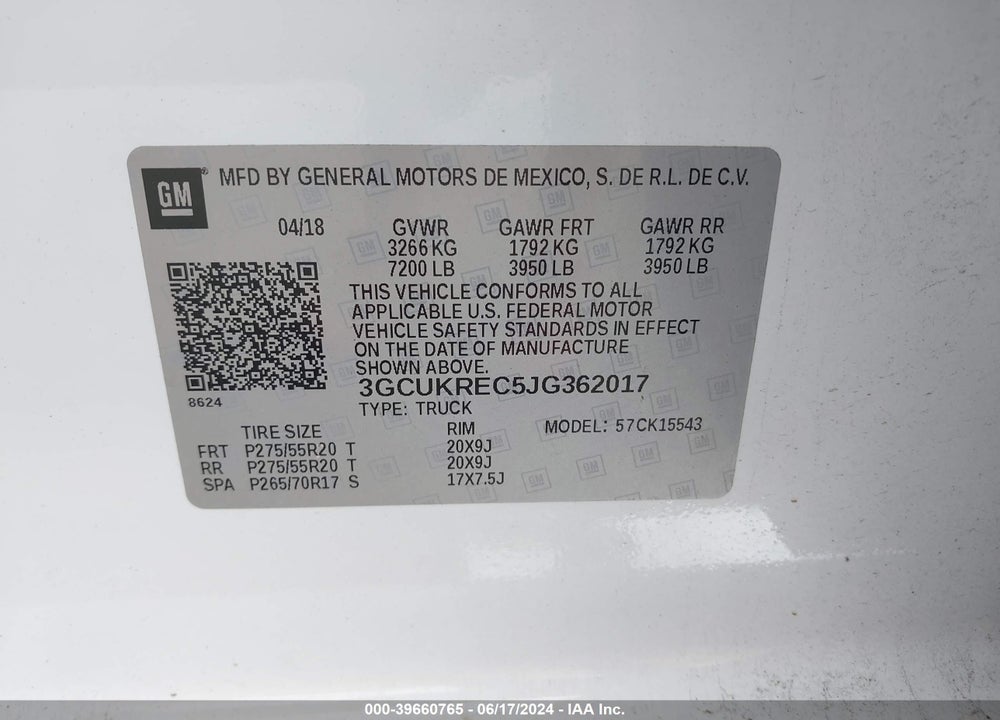 2018 CHEVROLET SILVERADO 1500 VIN: 3GCUKREC5JG362017