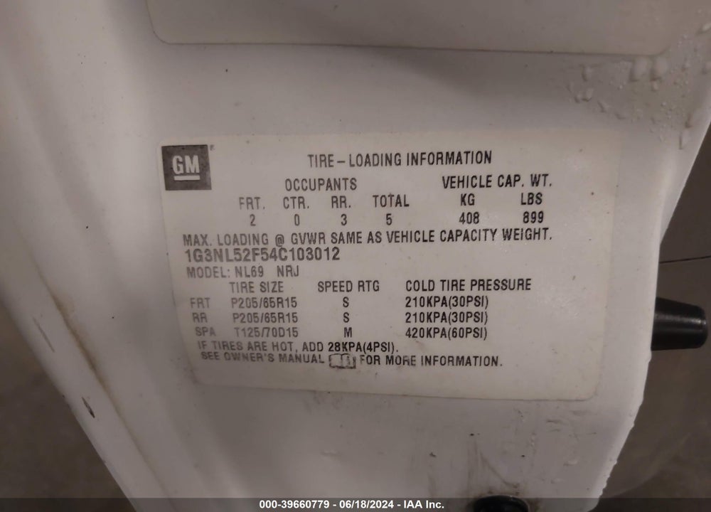 2004 OLDSMOBILE ALERO GL1 VIN: 1G3NL52F54C103012