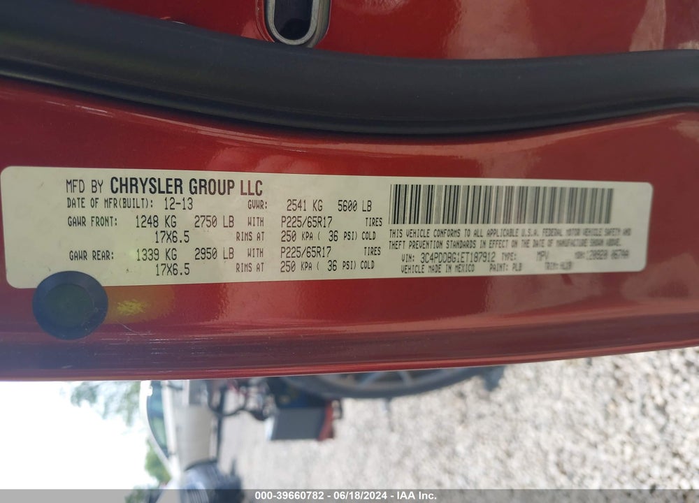2014 DODGE JOURNEY SXT VIN: 3C4PDDBG1ET187912