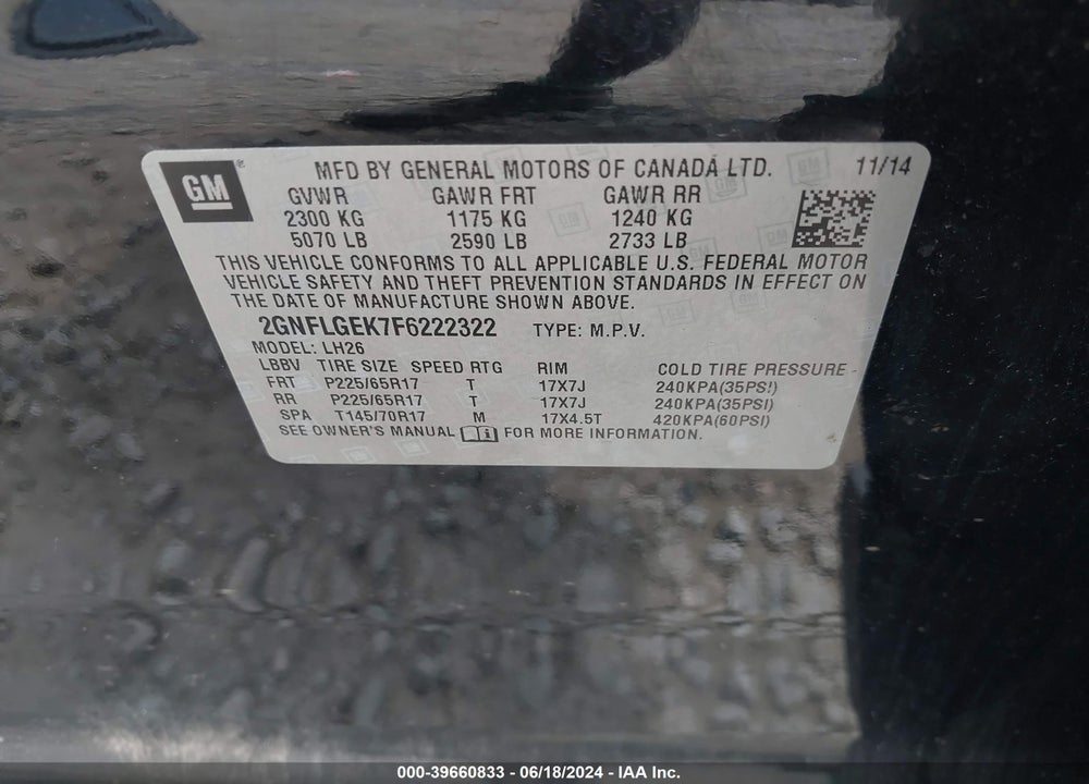 2015 CHEVROLET EQUINOX 2LT VIN: 2GNFLGEK7F6222322