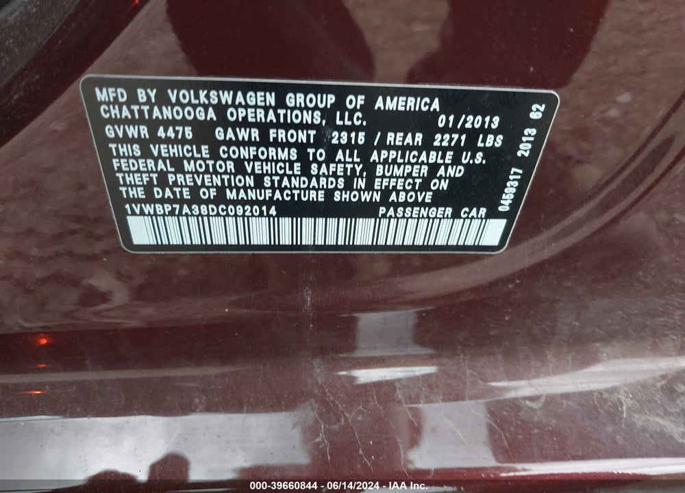 2013 VOLKSWAGEN PASSAT 2.5L SE VIN: 1VWBP7A38DC092014