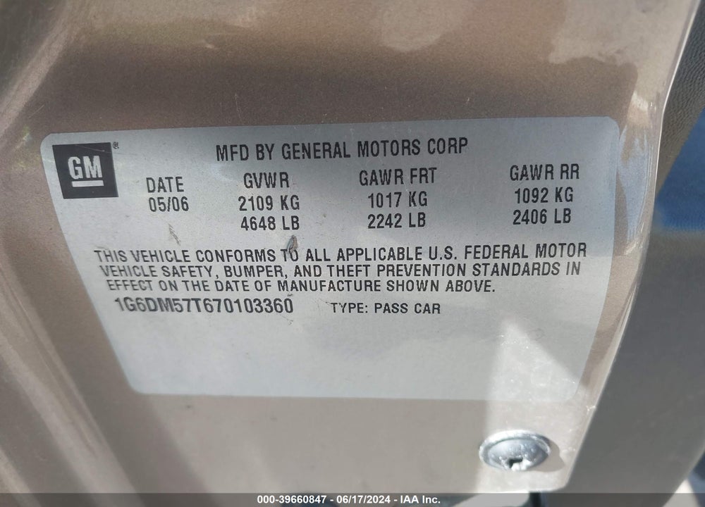 2007 CADILLAC CTS STANDARD VIN: 1G6DM57T670103360