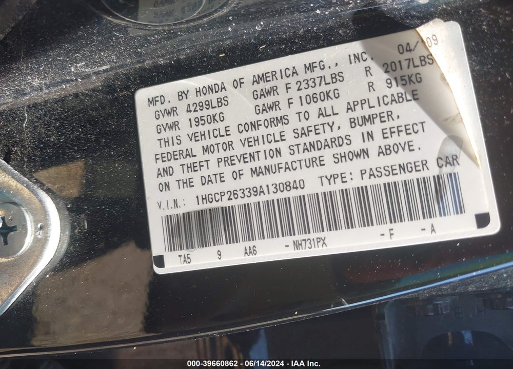 2009 HONDA ACCORD 2.4 LX VIN: 1HGCP26339A130840