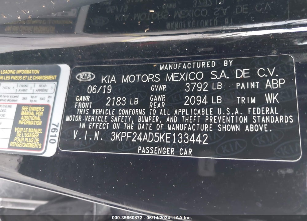 2019 KIA FORTE LXS VIN: 3KPF24AD5KE133442