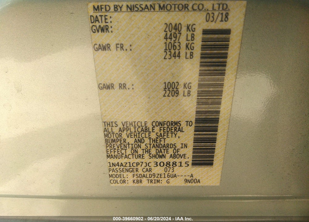 2018 NISSAN LEAF SV VIN: 1N4AZ1CP7JC308815