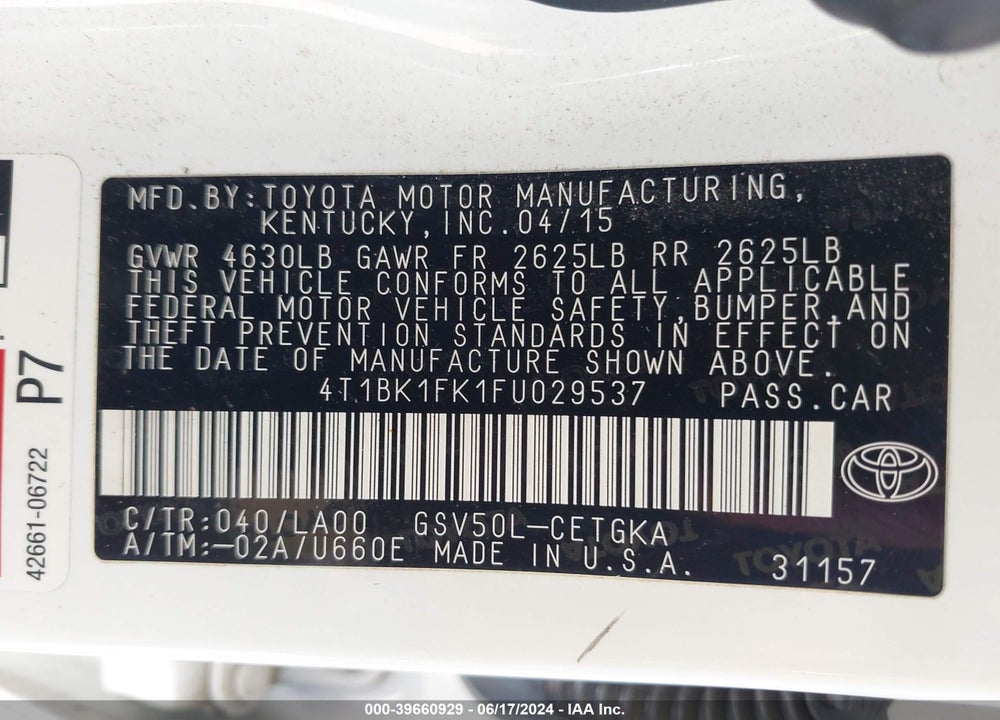 2015 TOYOTA CAMRY XLE V6 VIN: 4T1BK1FK1FU029537