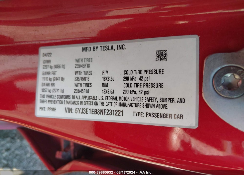 2022 TESLA MODEL 3 LONG RANGE DUAL MOTOR ALL-WHEEL DRIVE VIN: 5YJ3E1EB8NF231221