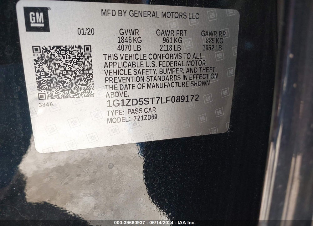 2020 CHEVROLET MALIBU FWD LT VIN: 1G1ZD5ST7LF089172