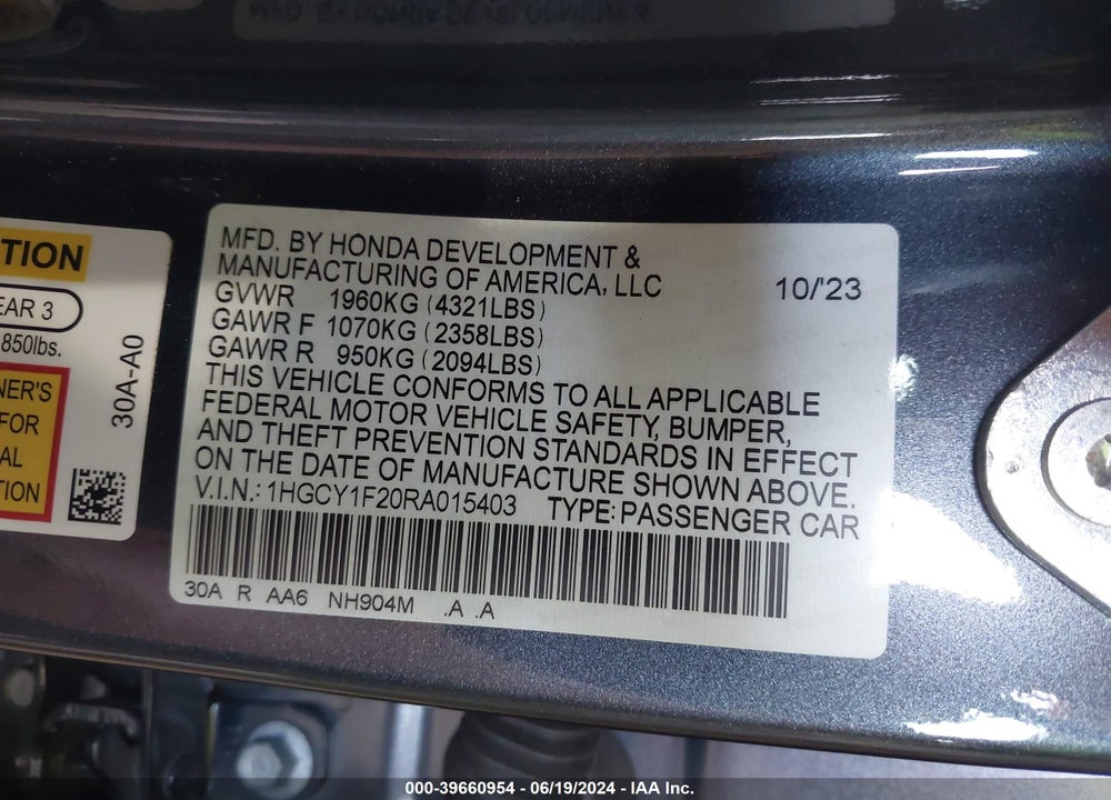 2024 HONDA ACCORD LX VIN: 1HGCY1F20RA015403