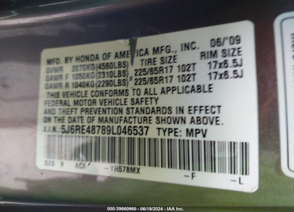 2009 HONDA CR-V EX-L VIN: 5J6RE48789L046537