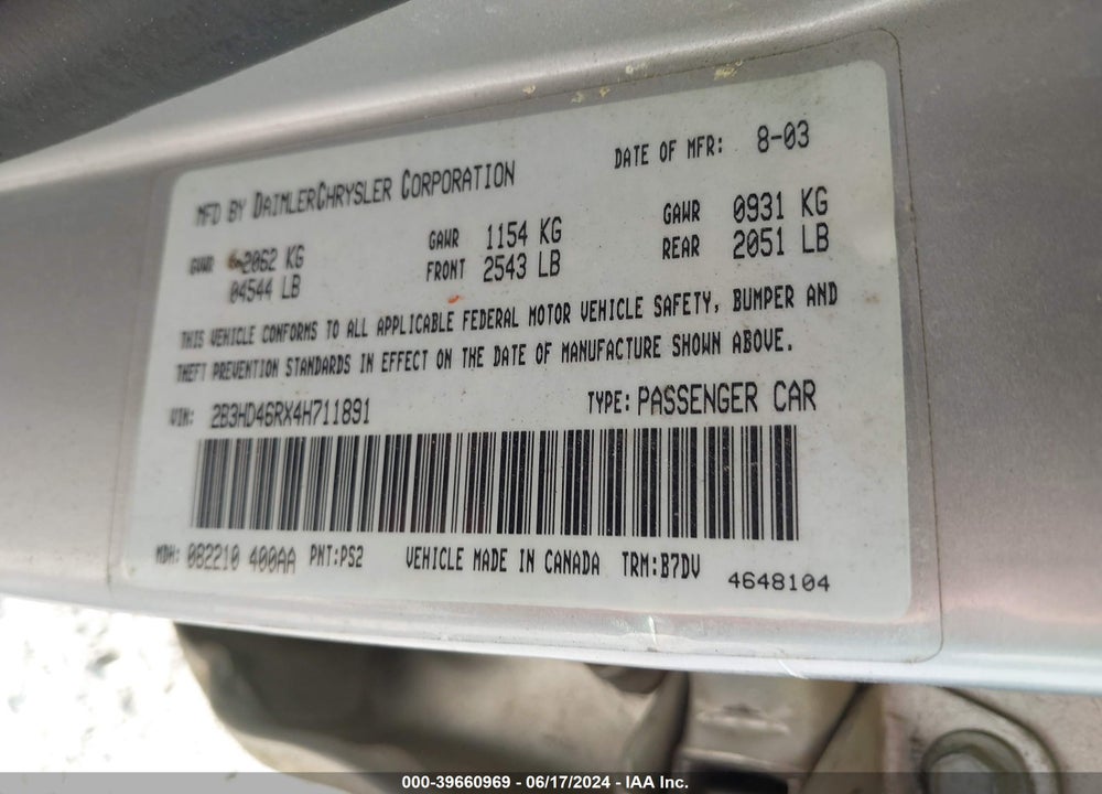 2004 DODGE INTREPID SE VIN: 2B3HD46RX4H711891