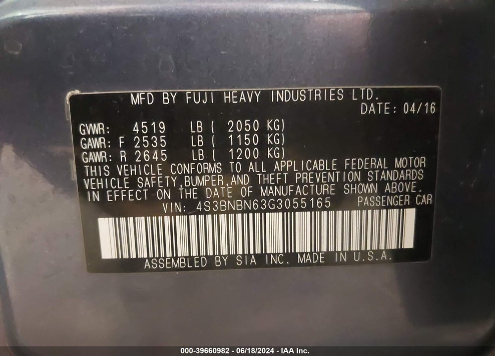 2016 SUBARU LEGACY 2.5I LIMITED VIN: 4S3BNBN63G3055165