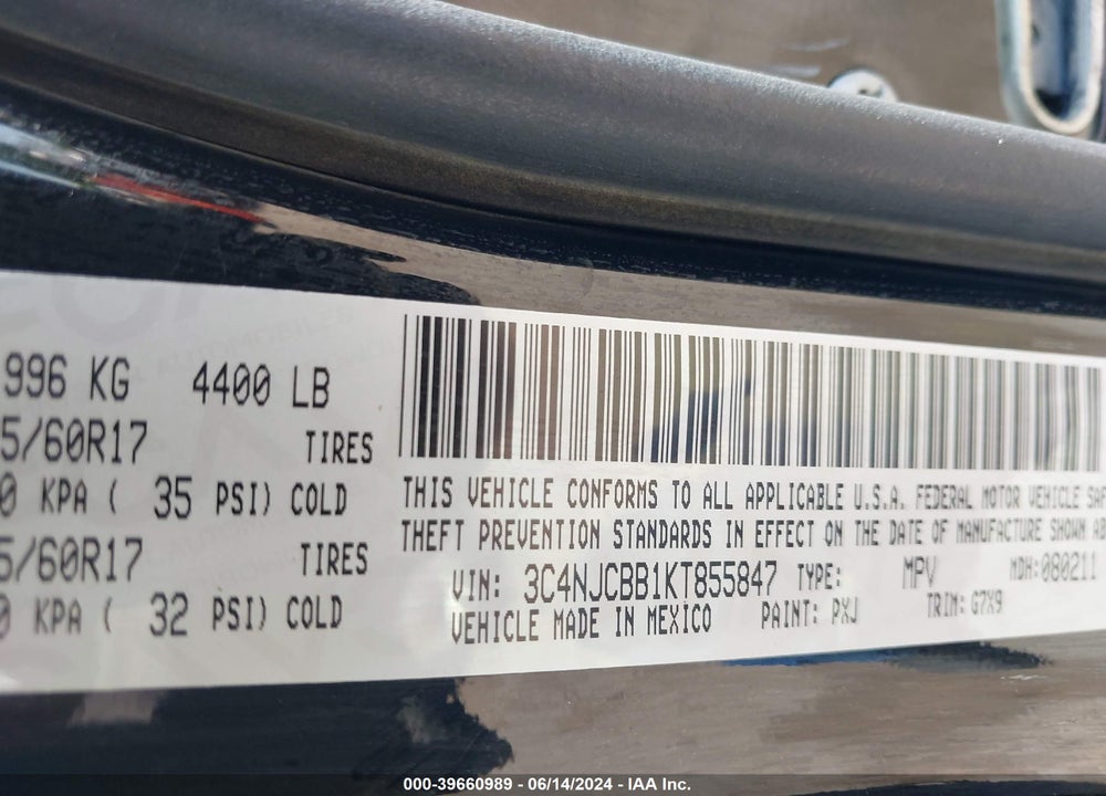 2019 JEEP COMPASS LATITUDE FWD VIN: 3C4NJCBB1KT855847