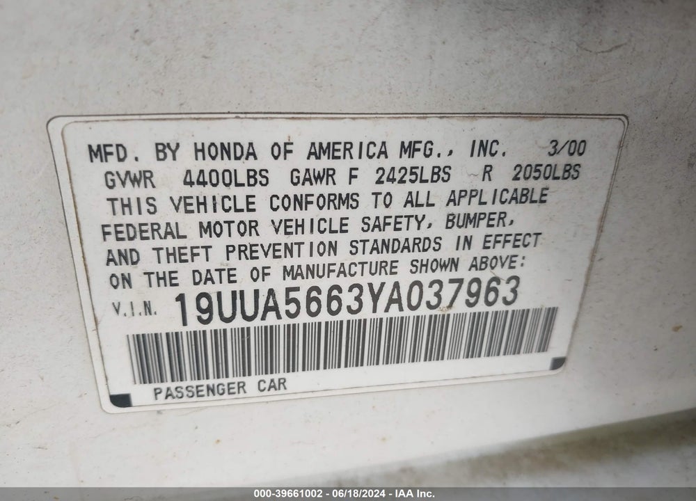 2000 ACURA TL 3.2 VIN: 19UUA5663YA037963